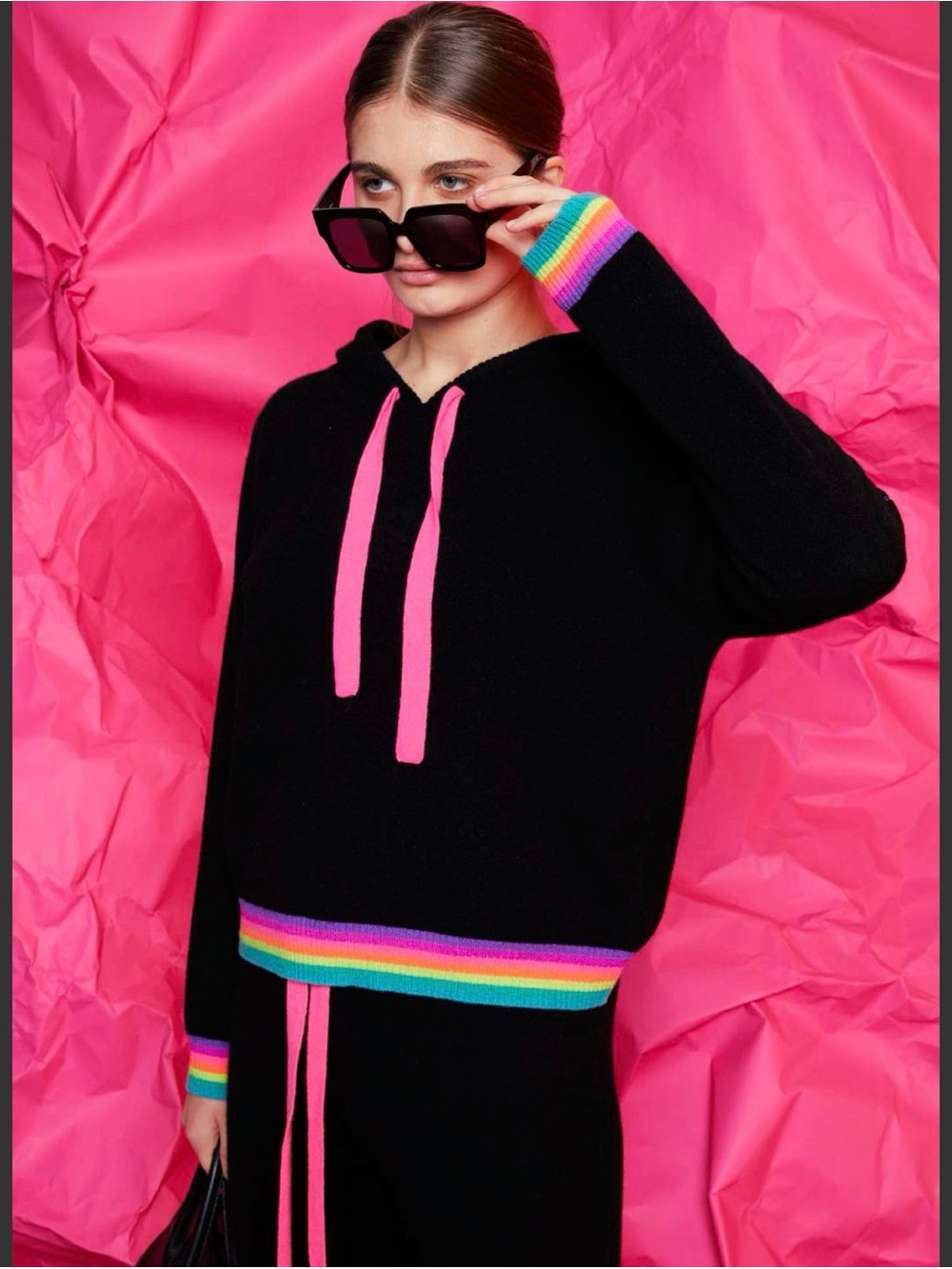 Brodie 100% Cashmere Black Hoodie w/ Rainbow Trim & Neon Pink Tie Luxury XS/S